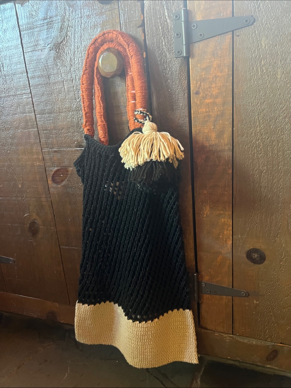 Black and Cream Crochet Tote with Tassel Handles
